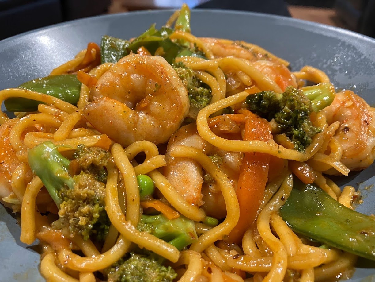 Finished Chilli Garlic Prawns with Hokkien Noodles