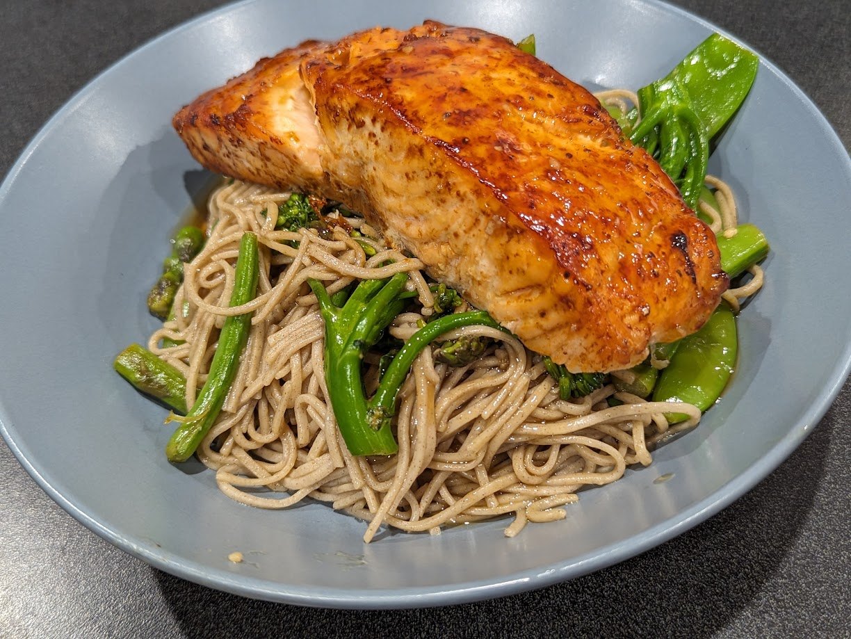 Finished Teriyaki Salmon with Soba Noodles & Greens