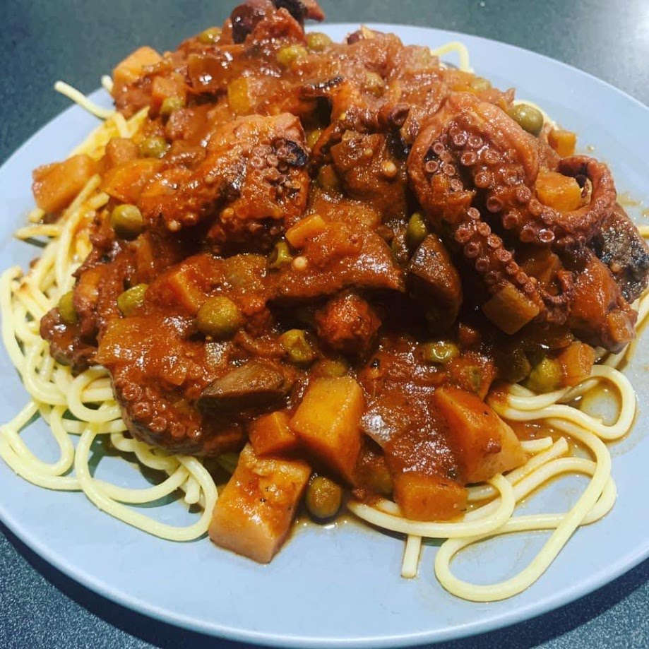 Finished Octopus Stew in Red Wine